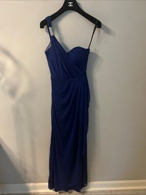 Xscape One-Shoulder Cobalt Blue Evening Gown with Rhinestone Accent